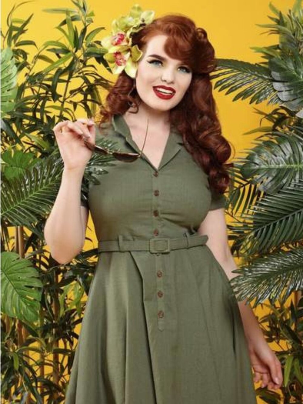 Caterina Vintage Army Green 50s Swing Dress by Collectif